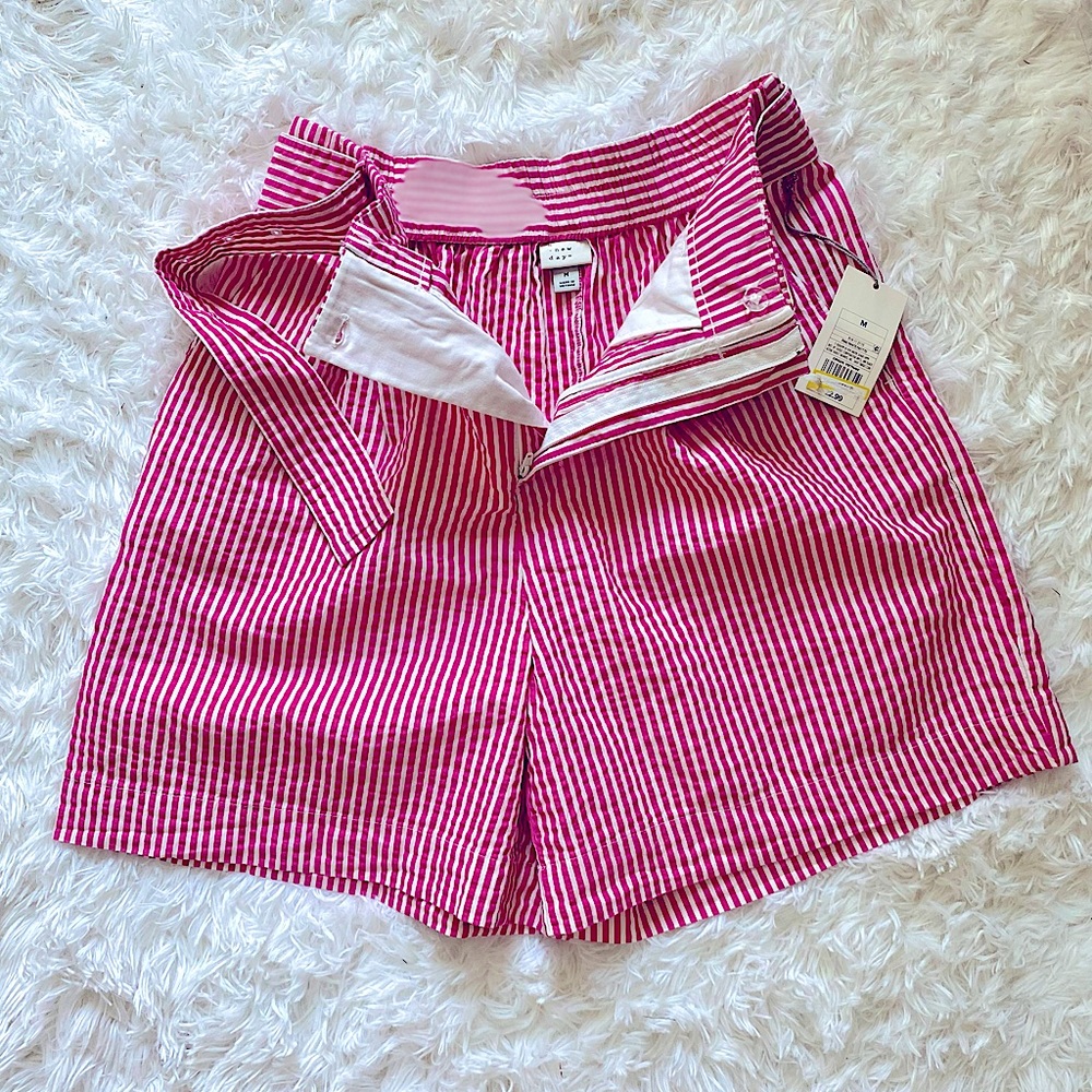 PINK WHITE STRIPED BELTED HIGH RISE SHORTS W/ POCKETS - Picture 2 of 11